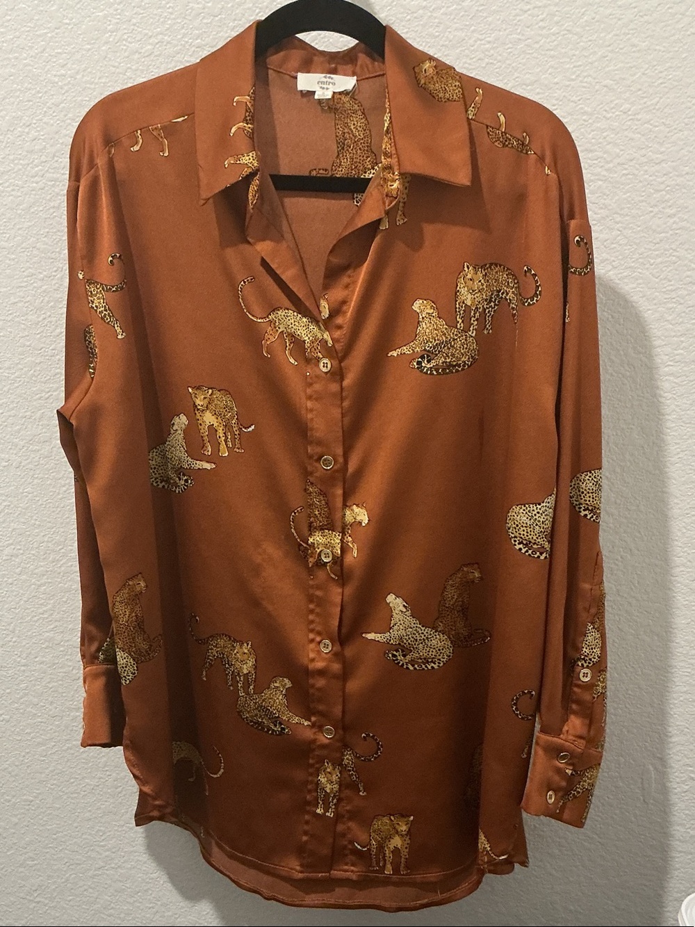 entro Rust Satin Leopard Motif Button-Up Blouse